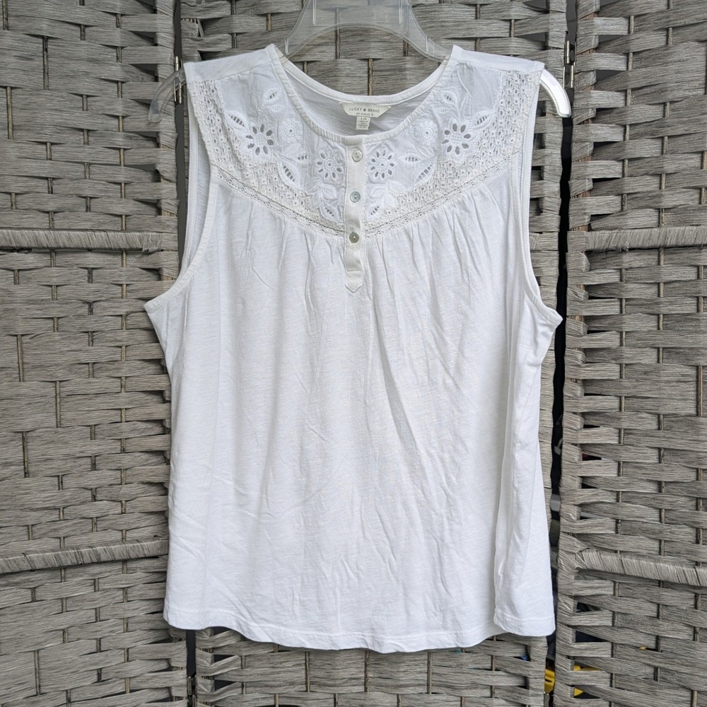 Lucky Brand Tank Top White Eyelet Embroidered Lace Henley Lg Cottagecore *READ
